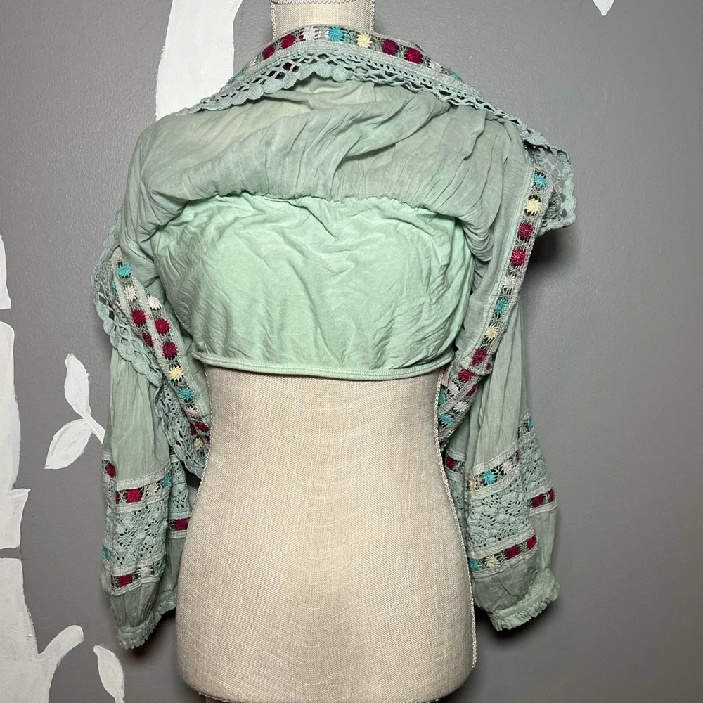 FREE PEOPLE Wander the Unknown Mint Green Off-the-Shoulder Crochet Cropped Top